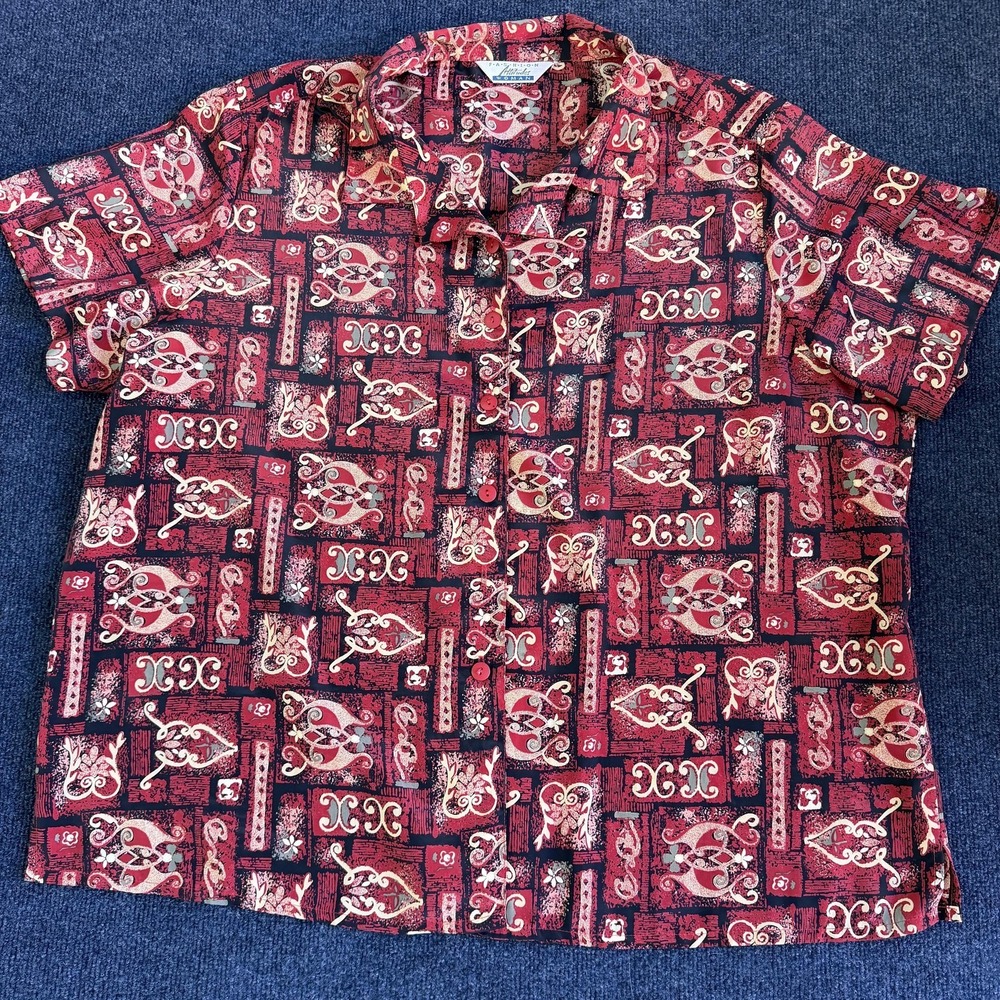 Vintage Fashion Attitudes Button Up Shirt Womens 2X Red Geometric Short Sleeve